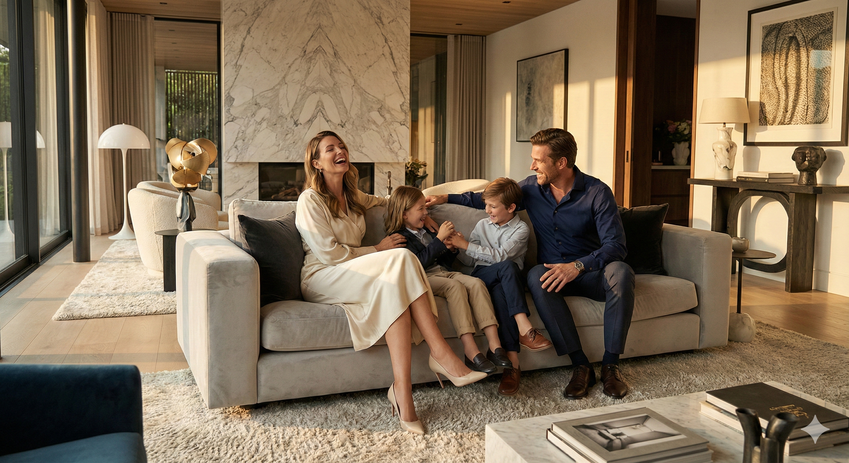 Família feliz e próspera no sofá